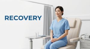 수술 후 평온한 회복 과정을 상징하는 여성 모델
