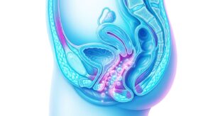 여성 골반 구조와 비수술적 볼륨 개선의 원리를 보여주는 3D 의학 일러스트