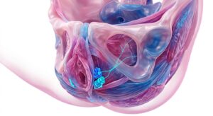 바르톨린샘의 해부학적 구조와 낭종 형성 과정을 보여주는 3D 의학 일러스트