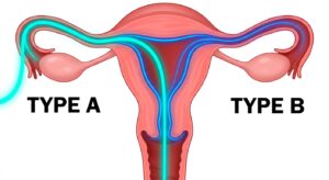 자궁 내 해부학적 구조와 수술 방법의 차이를 보여주는 의학적 도식
